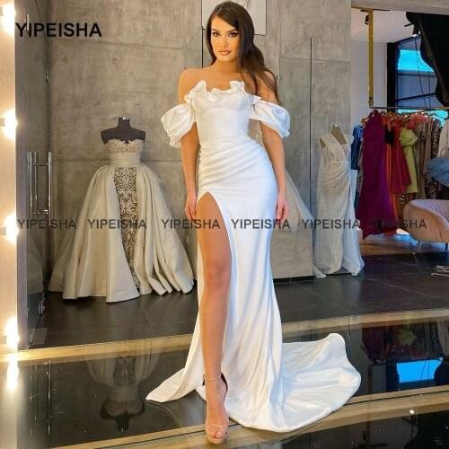 Yipeisha White Mermaid Evening Dresses 2021 Charming Off-shoulder Long Prom Gowns Satin Side Slit Party Dress