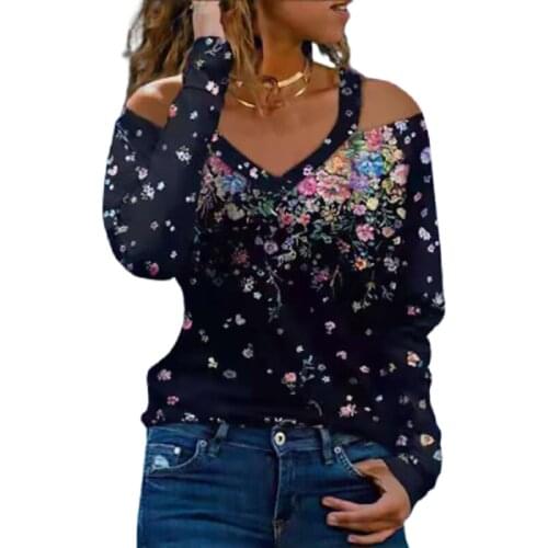 Cold Shoulder Long Sleeve Floral Print Sexy T-shirt Women 2021 Autumn New V-neck Strapless T-Shirts Casual Pullover Top Футболка