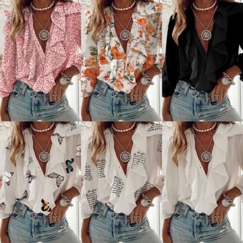 Women Button-down Ruffle Shirt, Adults Solid Color/Letter/Butterfly/Plant Print V-neck Sleeve Tops Ladies