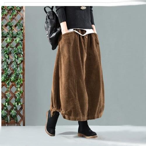 Women Solid Color Elastic Waist Loose Corduroy Retro Skirt Ladies Vintage Autumn Winter Skirts 2019 Pockets Female Skirts