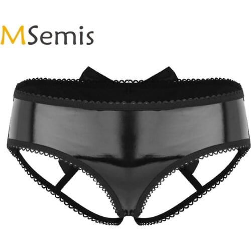 Womens Lace Edge Latex Briefs Erotic Open Butt Crotchless G-string Bikini Knickers Wetlook Leather Ladies Panties Sexy Underwear