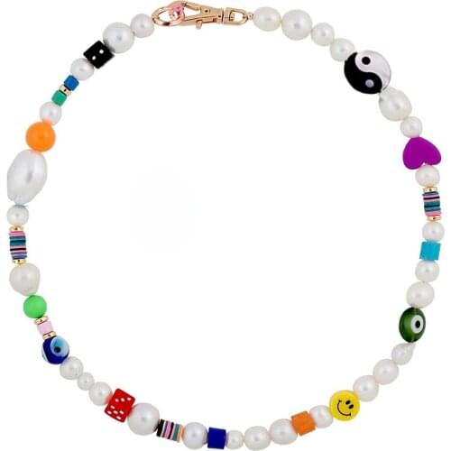 Women heart Yin Yang Taiji Bagua charms beads exquisite baroque freshwater pearl Gossip smile evil eye black red dice necklace