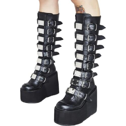 Womens Boots metal Decoration Fashion Punk Platform High Tube Knee-length Womens Shoes Large Size Black