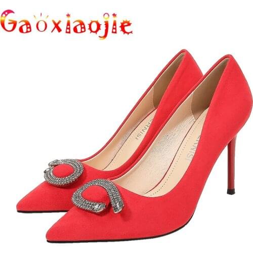 Gaoxiaojie Women Plus Big Size Spring And Autumn 9.5 Flock High-Heel Shoes Vogue Glistening Water Drill Buckle Pointed Toe Pumps