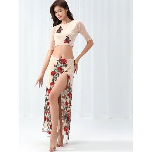 2020 New Belly Dance Costume Female Embroidery Shirt Long Skirt Set Oriental Bellydance Practice / Performance Costume DWY3037