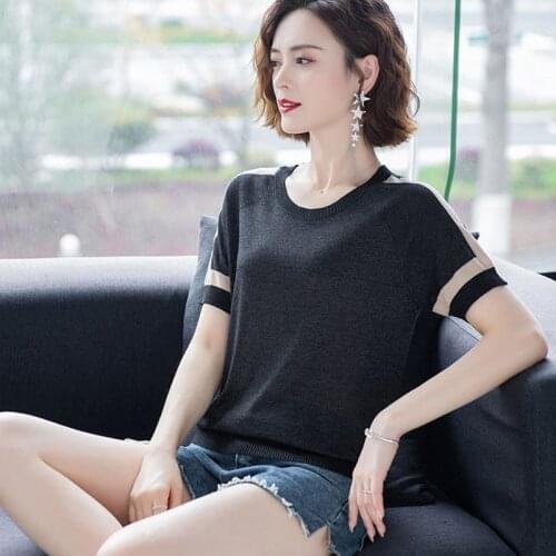 Women Short Sleeve O-Neck Women Knitted Pullover Tops Summer Pull Jumper Female Ladies T-Shirt Femme ice Silk Pullovers