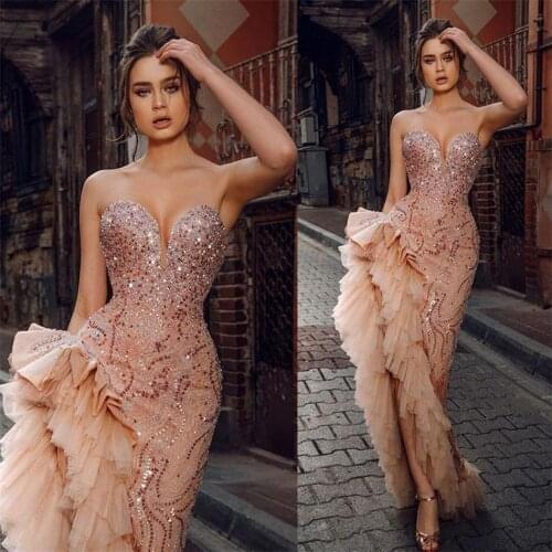 Shining Sequined Prom Dresses Tiered Ruffles Thigh High Slit Sweetheart Long Evening Gowns vestido de novia Sexy Party Celebrity