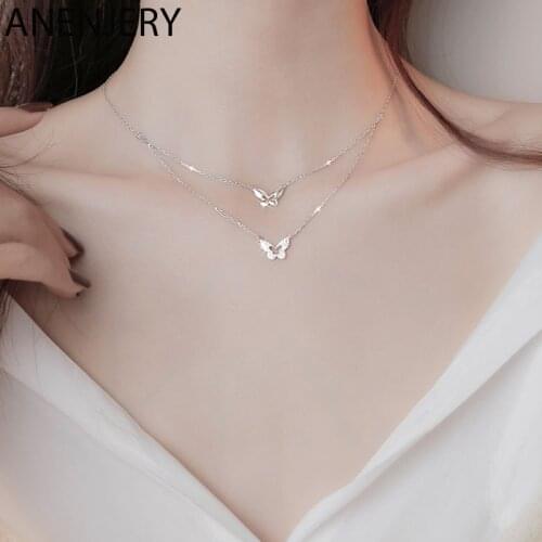 ANENJERY 925 Sterling Silver CZ Butterfly Necklace for Women Double Layer Clavicle Chain Fashion Jewelry S-N234