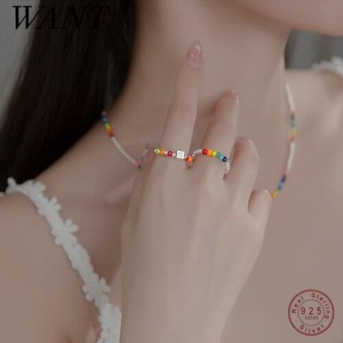 WANTME 925 Sterling Silver Simple Rainbow Beads Retractable Spring Silver Ring for Women Unique Party Wedding Friendship Jewelry