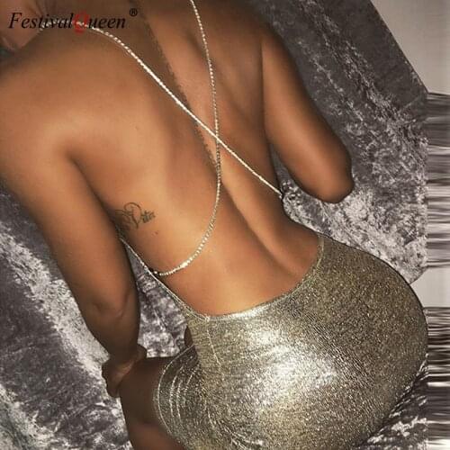 FestivalQueen women sexy metal silver mini dress summer back across chain backless nightclub party shiny bodycon slim dresses