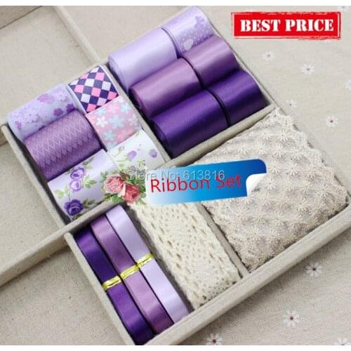 Free Shipping Korean bowknot Hand Made DIY Ribbon Lace Accessories Set 20 Meters Mixed 17 Style Dreamy Purple Series