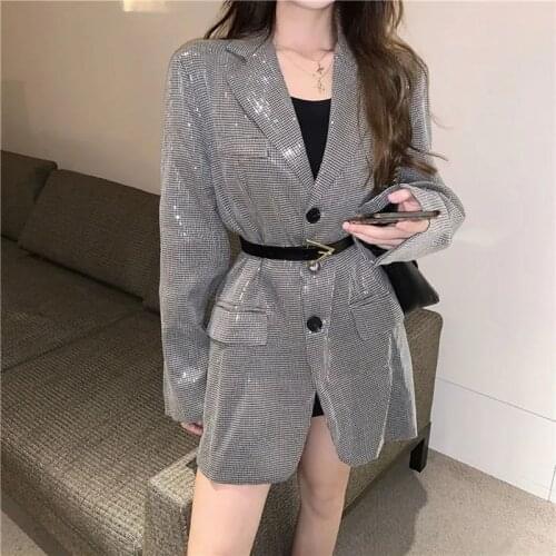 Streetwear Fashion Houndstooth Sequin Blazer Women Autumn Loose Casual Notched Collar Long Sleeve Office Lady Female Suit Jacket