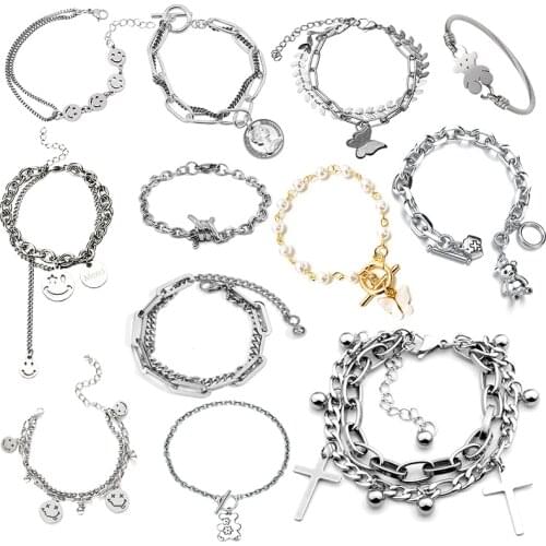 Bracelet For Women Girls Men Charm Hip-hop Gothic Punk Cute Bear Chain Butterfly Cross Smiley Heart Pearl Fashion Couple Jewelry