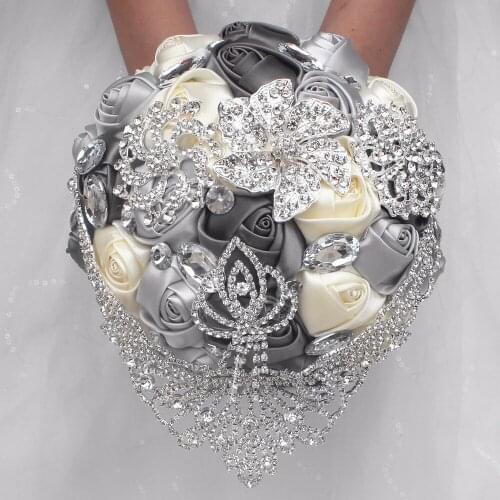 Gray/Silver/Ivory Hydrangea Brooch Bouquet Luxury Crystal Wedding Bridal Bouquets Stunning Bride Wedding Bouquet De Mariage