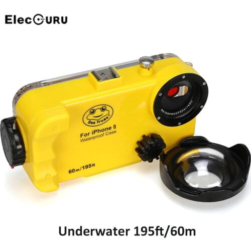 For iPhone 8 195ft/60m Underwater Diving Phone Housing Case Waterproof Snorkeling Diving Case with Wide Angle Lens Hand Strap
