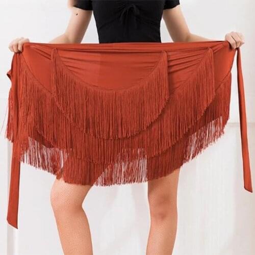 Women Ballroom Latin Salsa Tango Tassel Dance Skirt Skate Wrap Scarf Dancewear Black Coffee