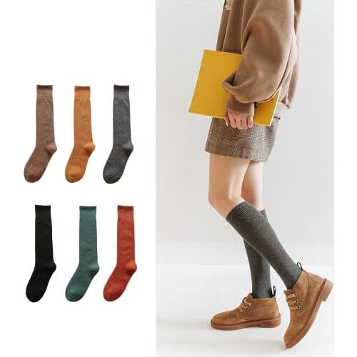 College Style Womens Stockings Casual Solid Black White Knee Socks Japanese Kawaii Cute School Students Cotton Soft Long Socks