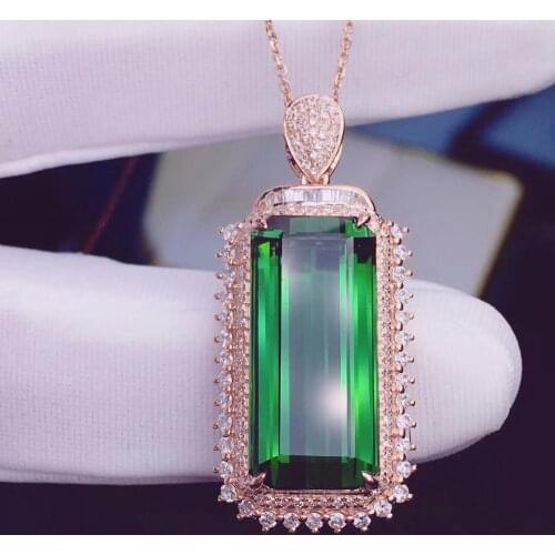 H626 Fine Jewelry Real 18K 100% Natural Green Tourmaline 13.59ct Diamonds Gemstone Diamond Womens Pendants Necklaces
