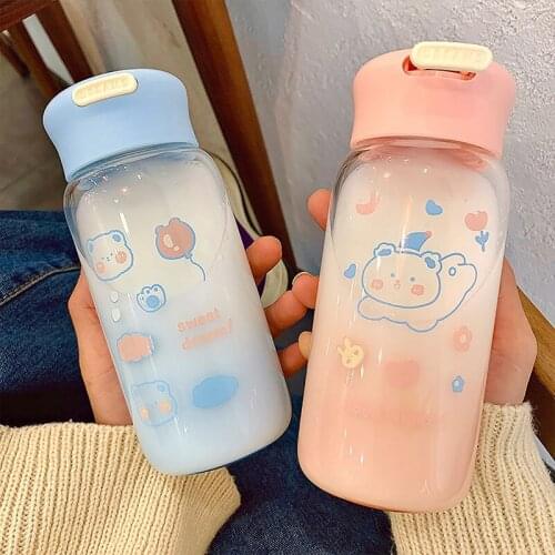 Creative Cute Water Bottles For Girls Kawaii Cartoon Clear Glass Water Bottle Portable Leakproof Kids Student Drinking Bottle