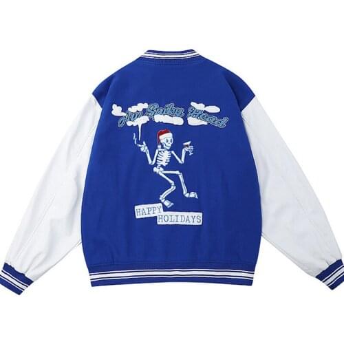Men Skeleton Embroidery Vintage Varsity Jackets Woman American PU Leather Stitching Sleeve Pilot Baseball Uniform Street Outwear