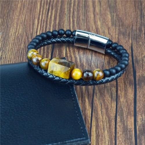 2021 New Men Jewelry Natural Stone Genuine Leather Bracelet Stainless Steel Magnetic Clasp Square Tigers Eye Bead Bracelet Men