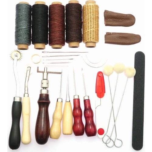 26PCS Leather Craft Stitching Tools Set with Hand Sewing Needles Awl Thimble Waxed Thread for DIY Leathercraft Sewing Tool Sets
