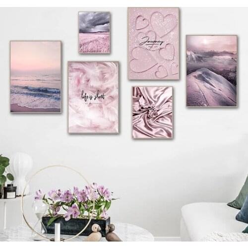 Nordic Canvas Painting Posters Pink Purple Landscape Beach Snow Mountain Feather Art Modular Home Rooms Gallery Wall Decoration