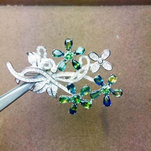 Natural blue sapphire brooch natural gemstone Luxury flowers S925 silver lady party jewelry