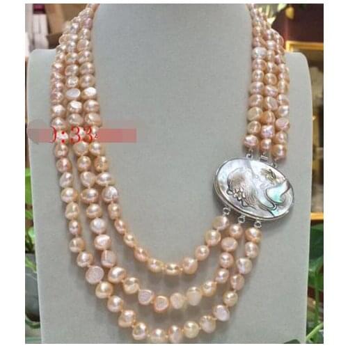 Natural 3Rows 8-9mm Australian south sea gold pink pearl necklace & beauty shell flower clasp 17"-20"