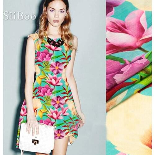 Pastoral green with pink floral print linen silk fabric for dress natural silk tissu tecidos stoffen for sewing 13.5mm SP4807