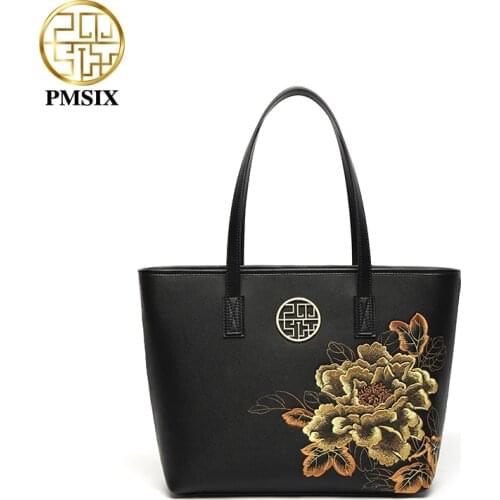 PMSIX Embroidered Womens Handbag Female PU Leather Shoulder Bag Designer Luxury Lady Tote Large Capacity Handbag for Women 2020