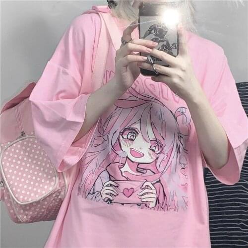 Kawaii Anime Harajuku Top y2k Pink Casual Loose Short Sleeve T-shirt Ins Summer Women Clothes Streetwear Oversized T-shirt Tops