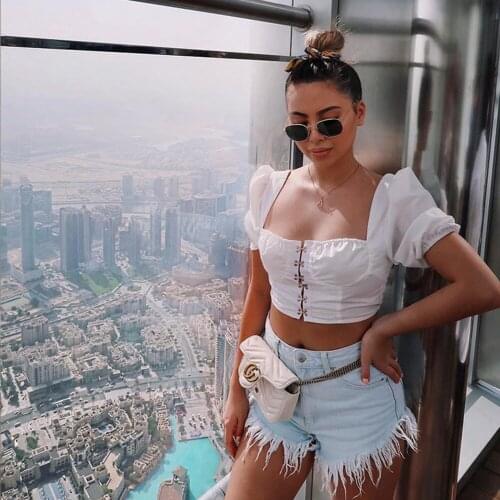 Sexy Women Crop Tops Navel Vest Short Sleeve Slim Casual Ruffled Solid T-Shirt Blouse