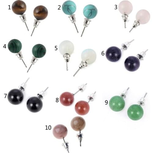 Natural Stone Tiger Eye Opal Ball Beads Stud Earrings Jewelry Unisex