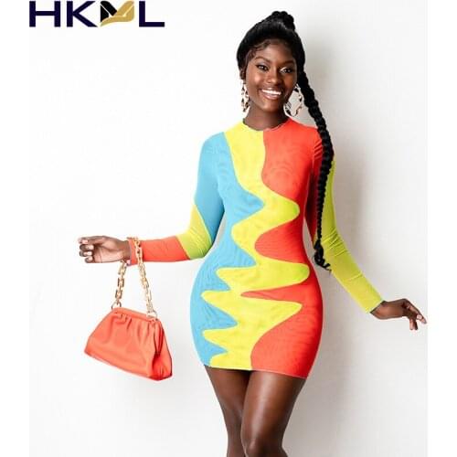Colorblock Mesh See Through Long Sleeve Bodycon Dress Sexy Birthday Outfit for Women 2021 Night Out Clubwear