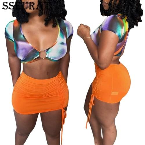 SSEURAT Women Set Print Short Sleeve V-neck Crop Tops Shirring Min Skirts 2 Two Piece Set Sexy Fashion Summer Outfits