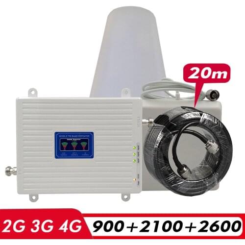 2G 3G 4G Tri-Band Booster GSM 900+WCDMA 2100(Band 1)+FDD LTE 2600(Band 7) Cellphone Signal Repeater Signal Amplifier Antenna Set