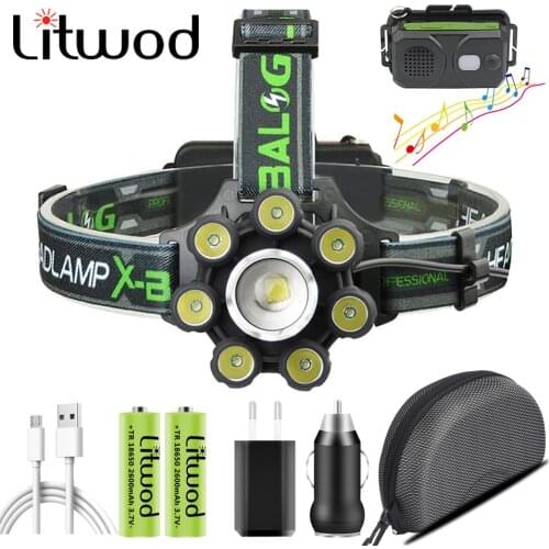 Smart Led Headlamp Bluetooth Speaker XM-L T6 Headlight 8000 Lumen Zoom USB Reachargeable 18650 Battery Head Flashlight Lamp