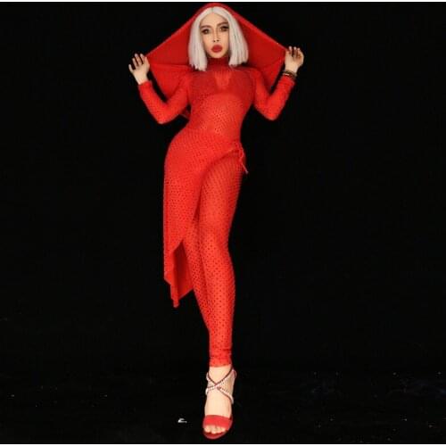 Y18 Singer stage show wears red bodysuit full diamonds jumpsuit dj perform dance costume bar rhinestone outfit dress clothe club