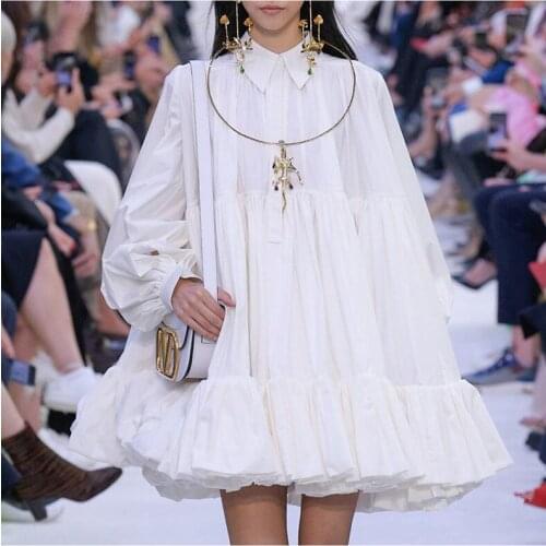 Womens Loose Puff Skirt Bubble Skirt Stitching One-step Skirt Lapel Style Loose Waist Pleated Design White Sexy Dress Women