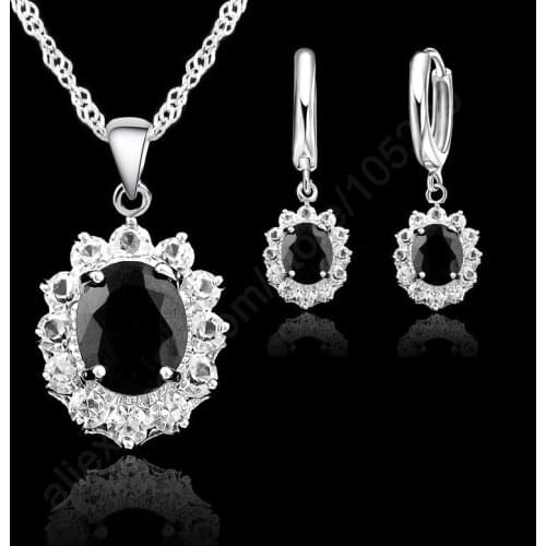 Black Oval Crystal Jewelry Sets 925 Sterling Silver Pendant Necklace+Hoop Earring Princess Wedding Engagement For Women