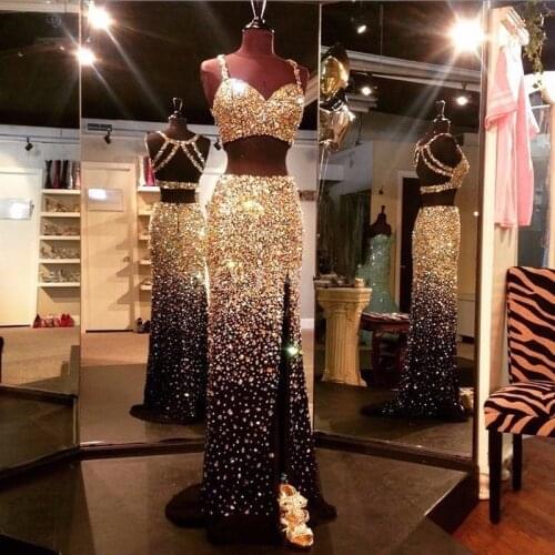 2019 New Arrival 2 piece Long Prom Dresses Luxury Beaded Sleeveless Crystals Satin Formal Evening Dress Party Gown Custom