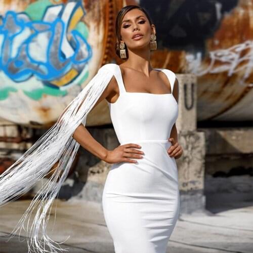 Seamyla 2021 New Summer Tassel Sleeveless Club Bandage Dress Sexy Women Black Knee Length Celebrity Runway Evening Party dresses