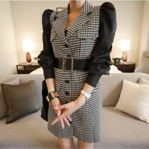 Korean Style Temperament Slim Plaid Puffs Sleeves Bodycon Dress Women Notched Collar High Street Mini Dress 2020 Autumn Winter