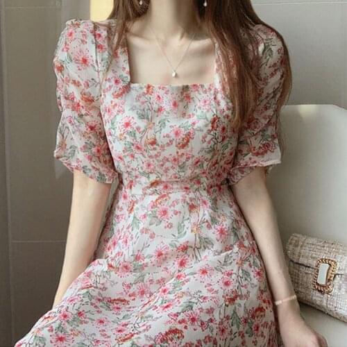 Korean Chic WomenS Dress New 2021 Summer Dress French Elegant Square Neck Fashion Floral Chiffon Dress Office Ladies' Dresses
