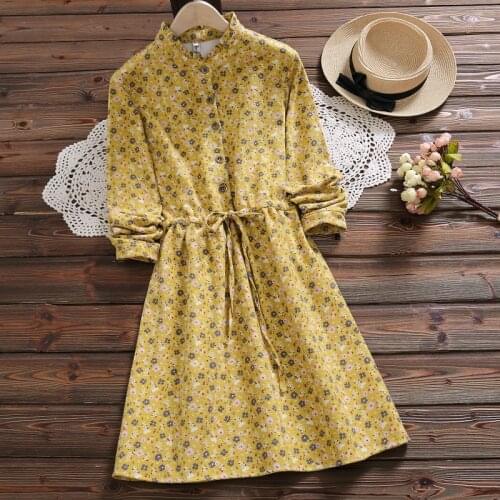 Women warm soft winter floral print dress new arrival elegant kawaii cute mini dress mori girl vestidos Pink,Yellow,Gray