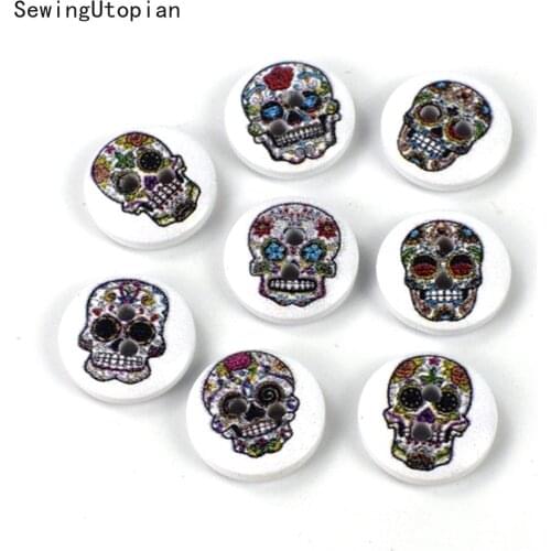 100PCS 15MM Flower Printed Round Wooden Button 2 Holes 15mm Mixed Wood Buttons Sewing Accessories for Clothing Decoration DIY