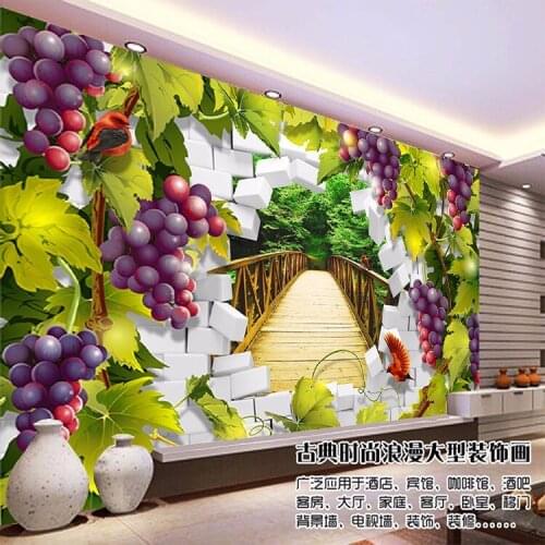 Large mural living room TV background wallpaper personality waterproof grapes bridge 3d stereo Custom Size