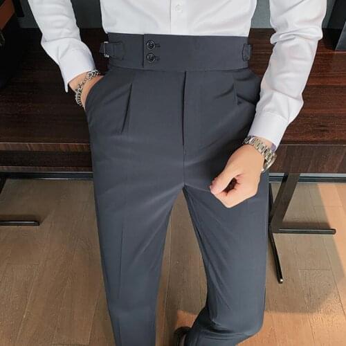 High Quality Personality Buttons Pants Men Autumn Spring Business Trousers Man Elastic Slim Casual Personality Brand Clothing