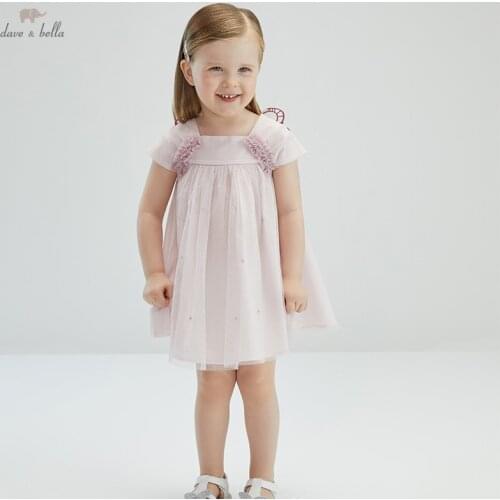 DB16933 dave bella summer baby girls cute bow cartoon mesh dress children fashion party dress kids infant lolita clothes